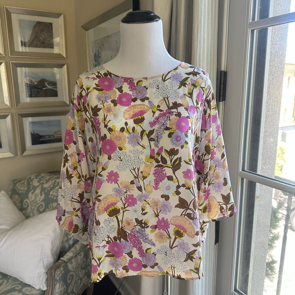 Max Mara Weekend Silk Vorra Floral Print Ivory Blouse Size Luxury US 6